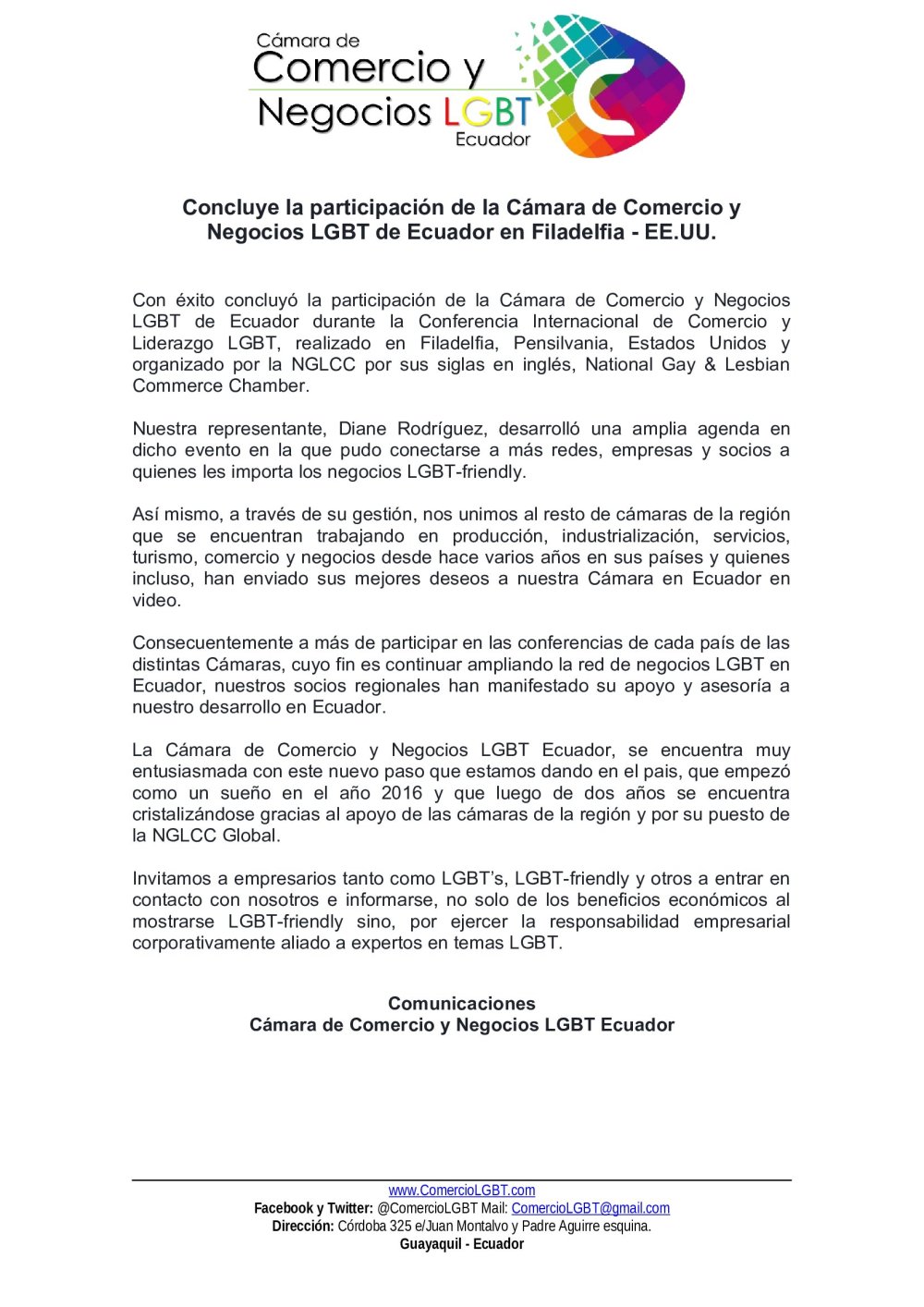 Concluye la participación de la Cámara de Comercio y Negocios LGBT de Ecuador en Filadelfia - EE.UU.