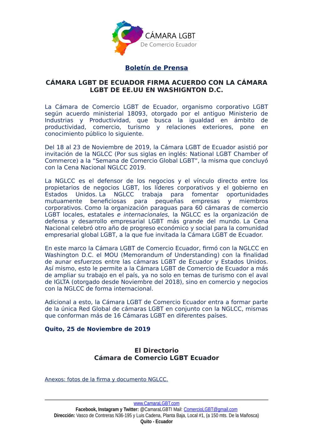 Boletín de Prensa - CÁMARA LGBT DE ECUADOR FIRMA ACUERDO CON LA CÁMARA LGBT DE EE.UU EN WASHIGNTON D.C-1