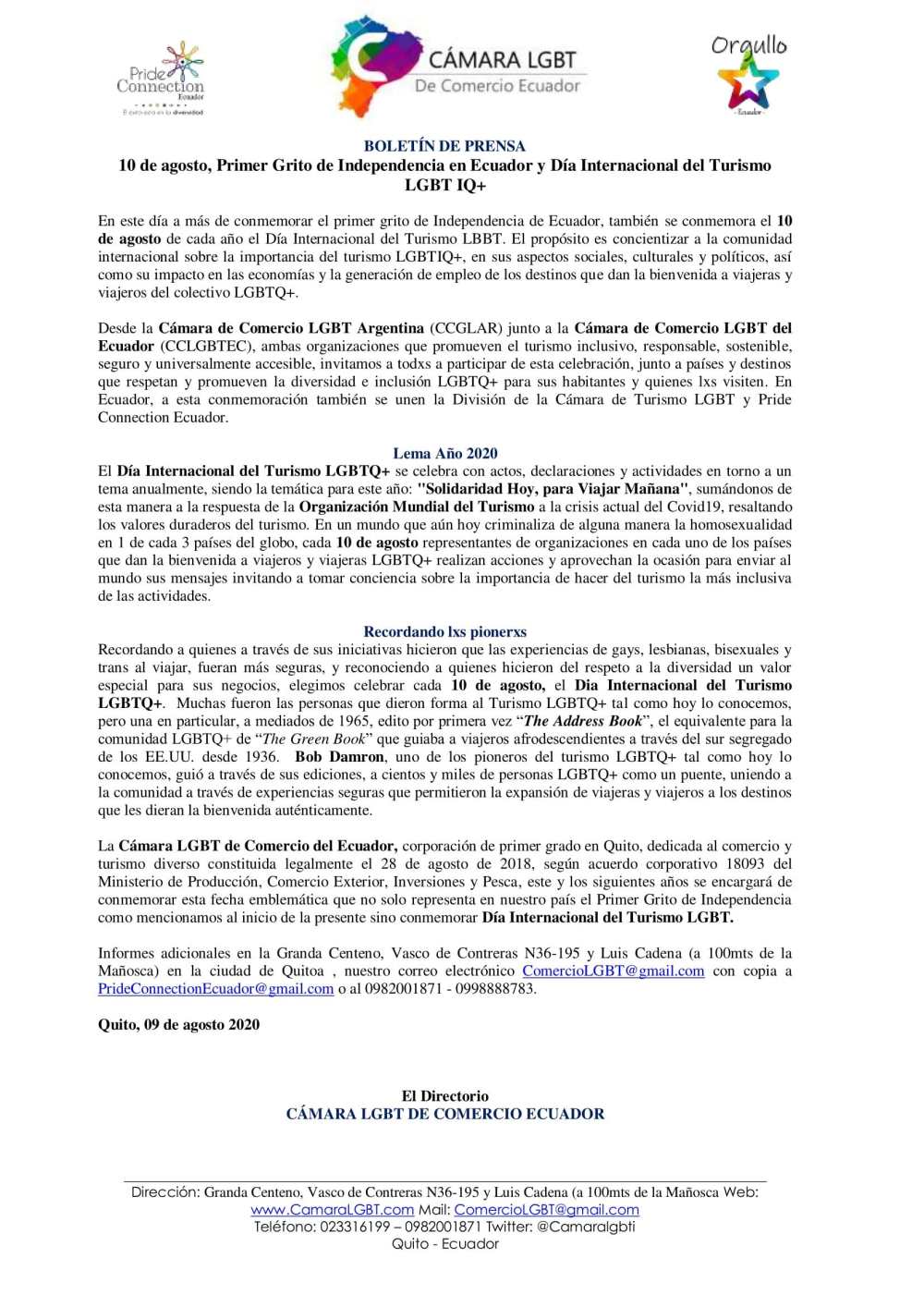 Boletín de Prensa - 10 de agosto, Primer Grito de Independencia en Ecuador y Día Internacional del Turismo LGBTIQ+ - Cámara LGBT de Comercio Ecuador